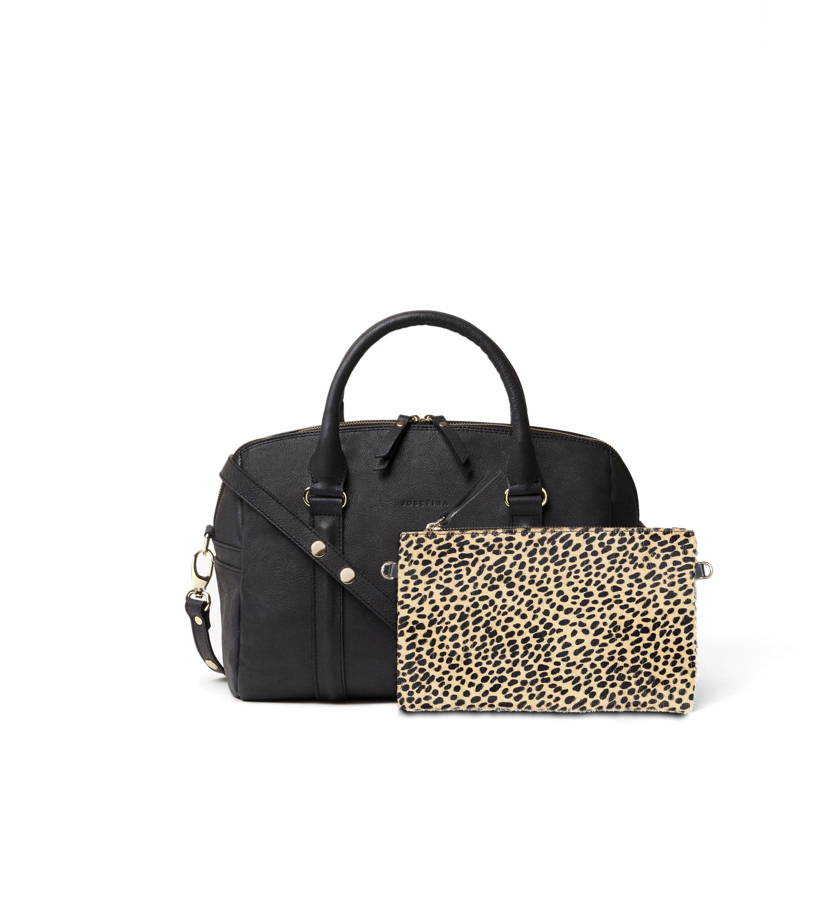 JOSEFINA MEDIUM BLACK POLKA POUCH - Leather diaper bag and work bag